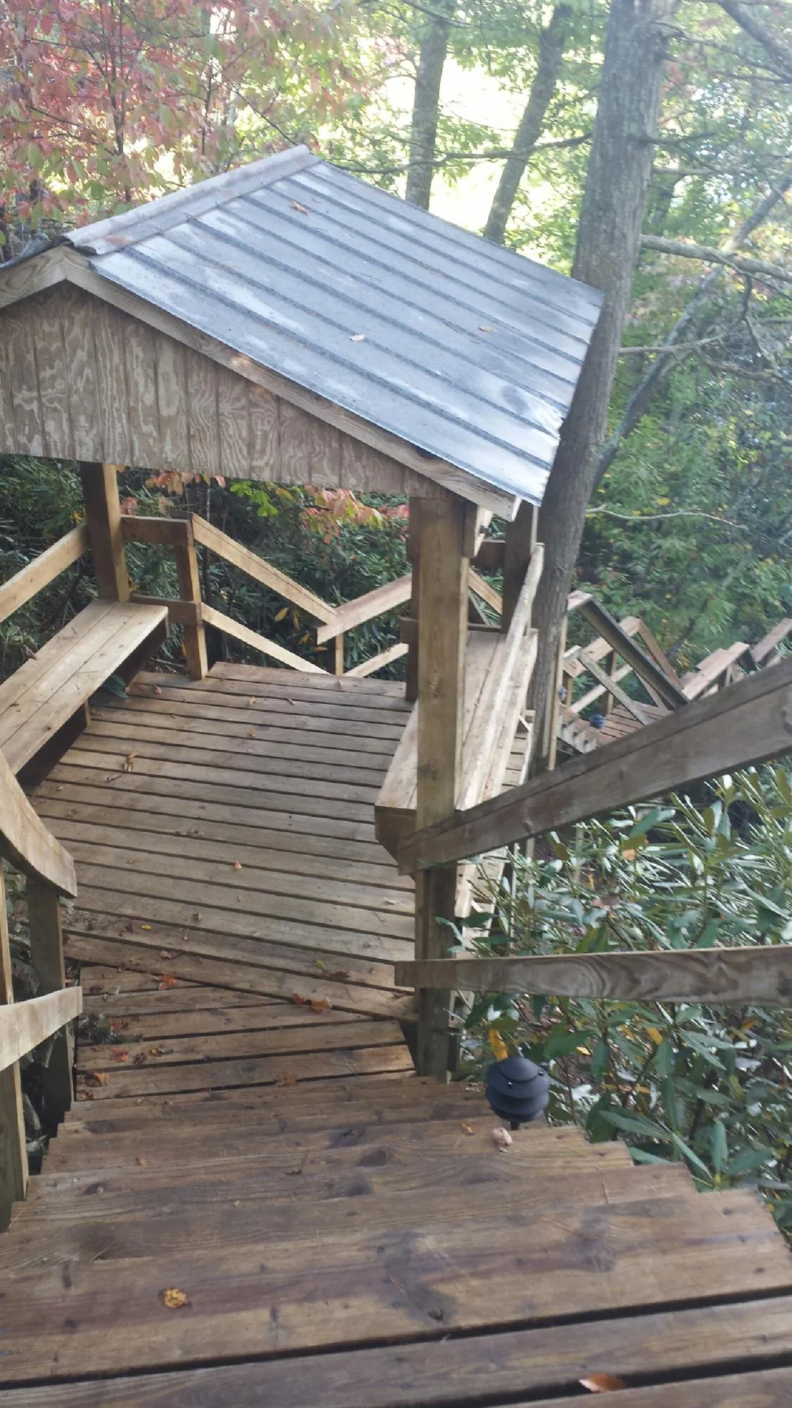 Metal roofed shelter over wooden steps on a wooded walkway — Skylight Repair & Installation work by our crew in Albia